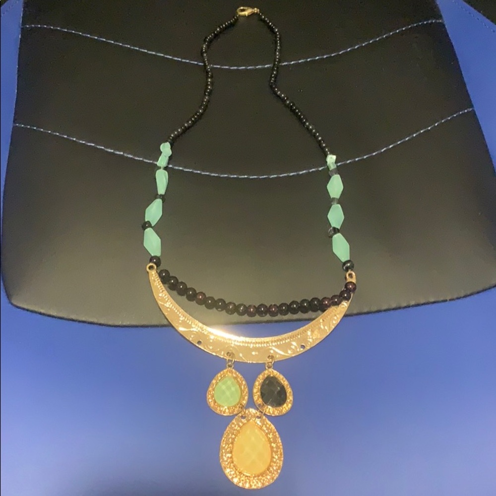 Gold drop necklace beaded black & sea foam indie sleaze